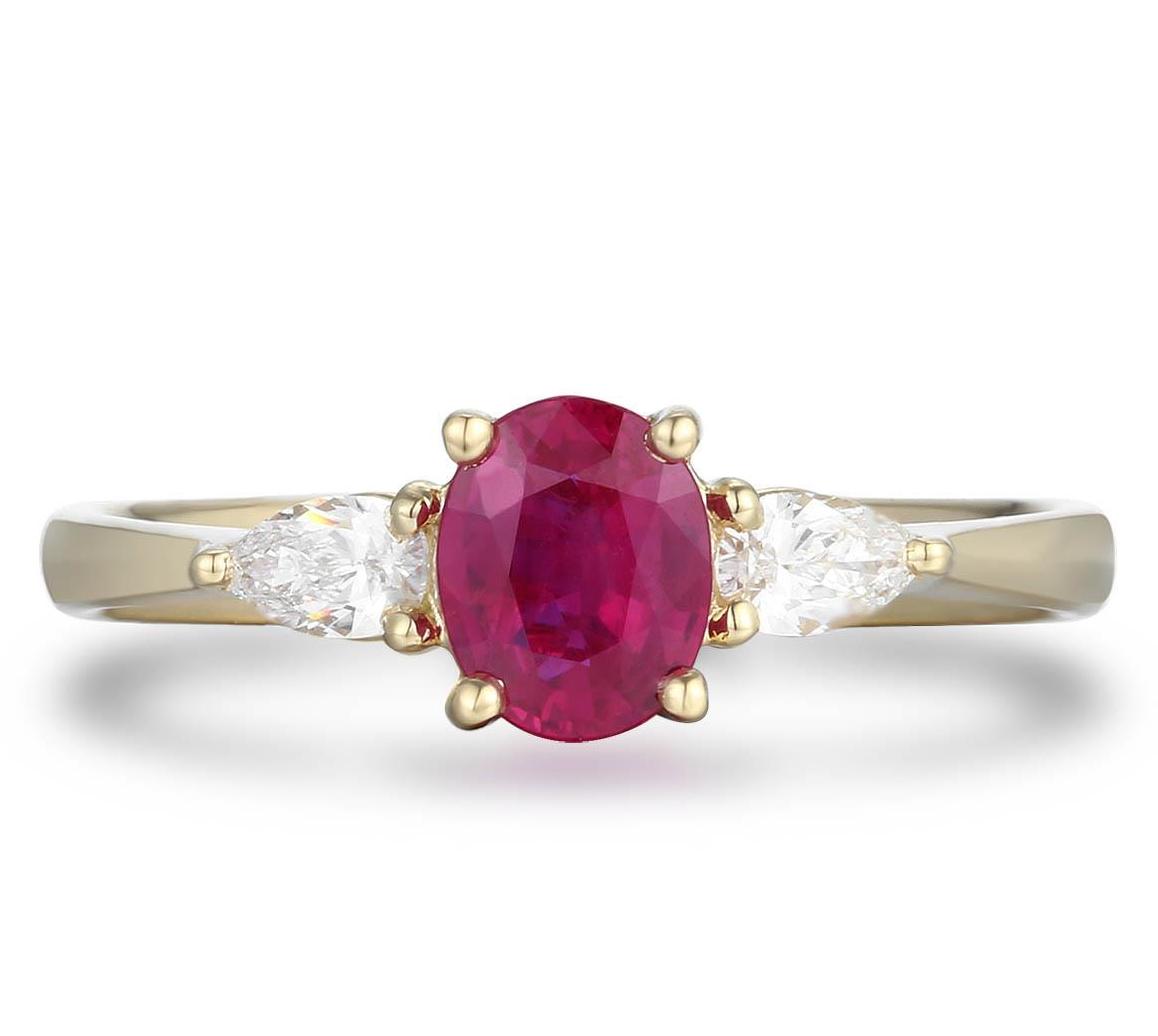 0.91ct tw Three Stone Ruby Oval Center with Pear Side Diamonds Ring