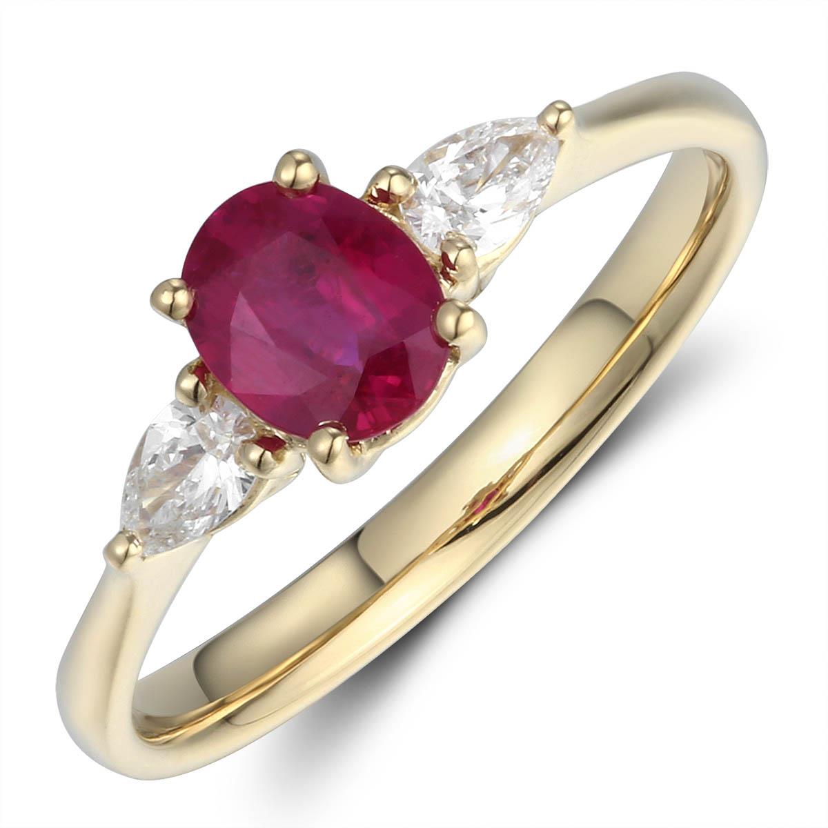 0.91ct tw Three Stone Ruby Oval Center with Pear Side Diamonds Ring