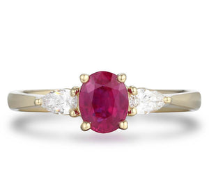 0.91ct tw Three Stone Ruby Oval Center with Pear Side Diamonds Ring