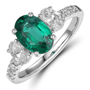 Green Emerald 1.96ct  tw Oval Cut with Side Diamond Ring