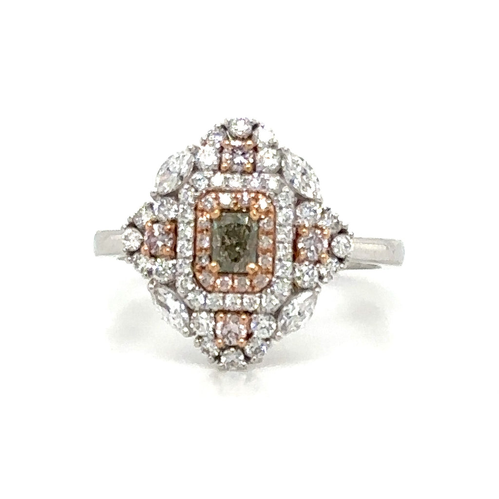 0.93carat Diamond Art-Deco Style with Center Very Rare Natural Green Diamond Ring