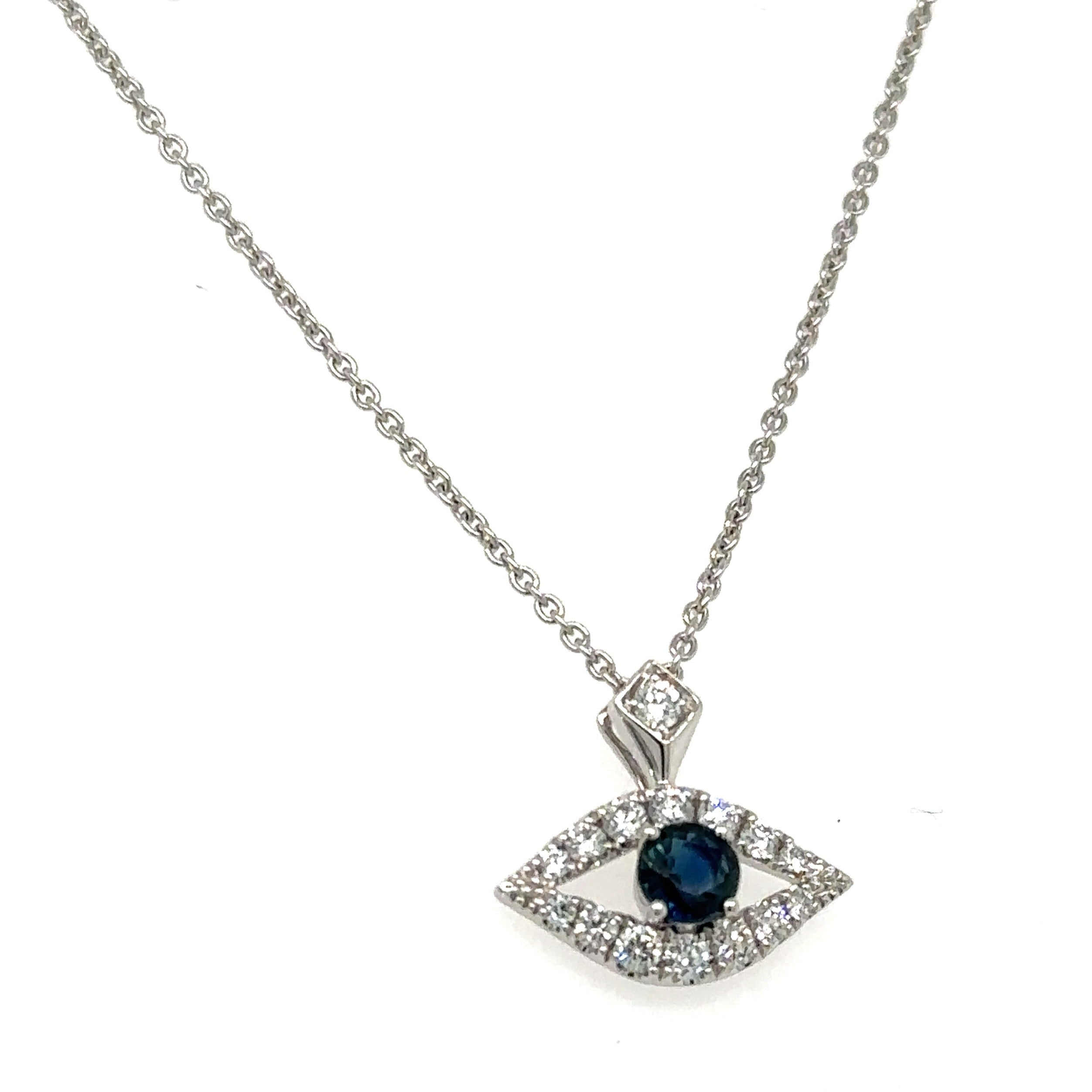 Ladies Diamond Evil Eye Necklace with Blue Sapphire