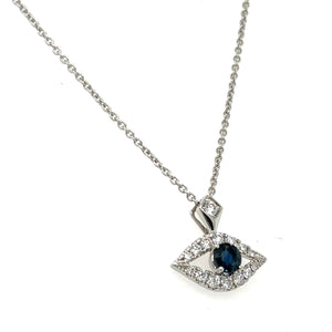 Ladies Diamond Evil Eye Necklace with Blue Sapphire