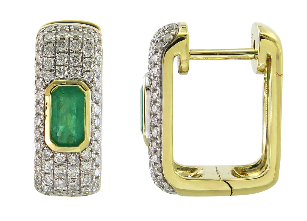 1.00ct tw Emerald and Pave Diamond Square Hoop Earrings