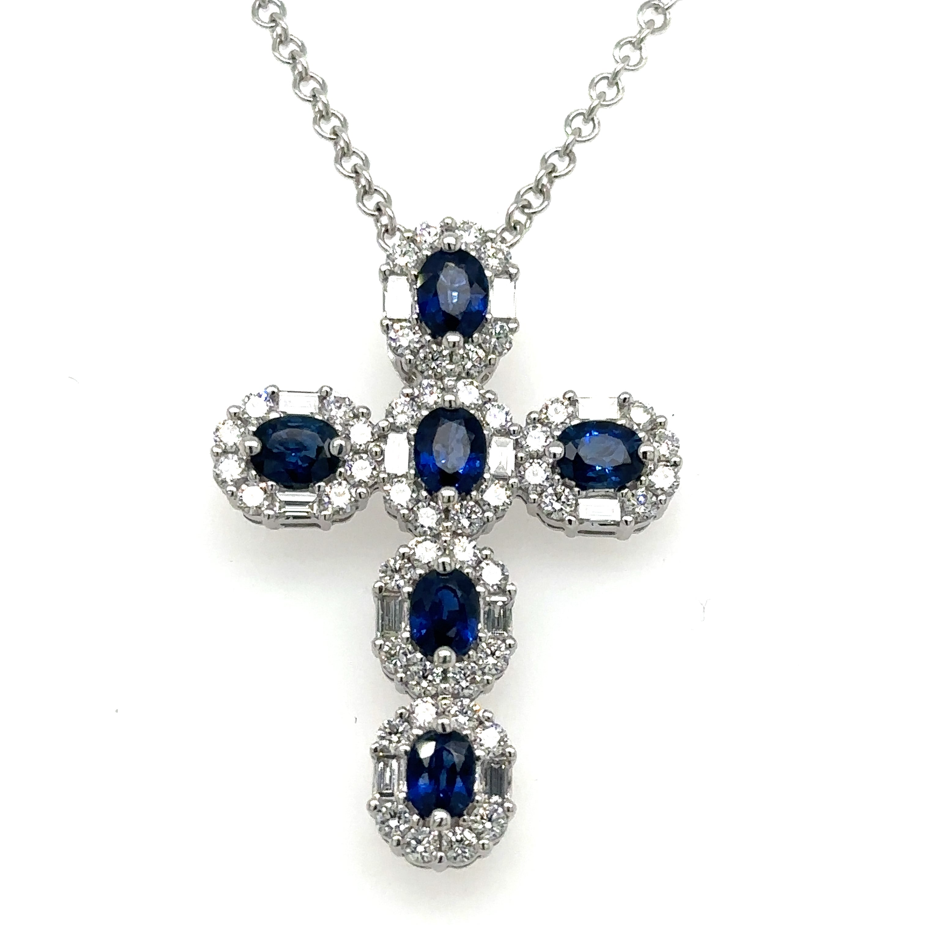 Blue Sapphire and Diamond 4.16ct tw Cross Pendant Statement Necklace