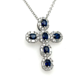 Blue Sapphire and Diamond 4.16ct tw Cross Pendant Statement Necklace