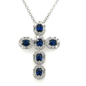 Blue Sapphire and Diamond 4.16ct tw Cross Pendant Statement Necklace