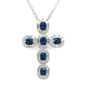 Blue Sapphire and Diamond 4.16ct tw Cross Pendant Statement Necklace