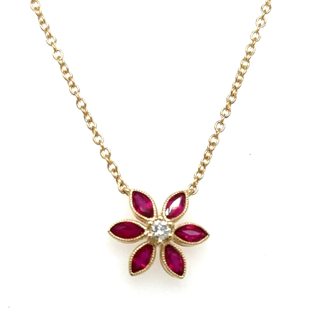 0.72ct tw Ruby and Diamond Flower Shape Pendant Necklace