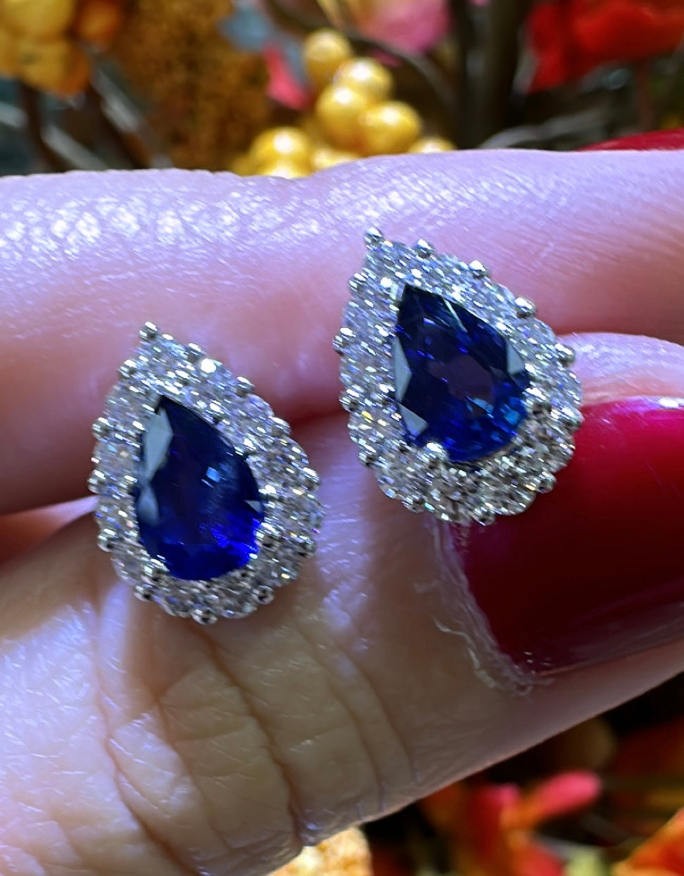 2.46ct tw Pear Shape Blue Sapphire Diamond Stud Earrings