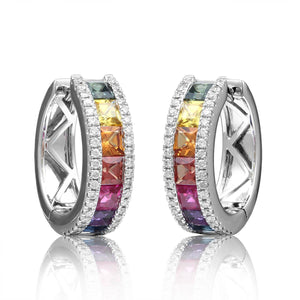 2.45ct tw Princess Cut Rainbow Sapphire & Diamond White Gold Hoop Earrings