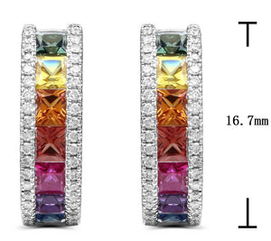 2.45ct tw Princess Cut Rainbow Sapphire & Diamond White Gold Hoop Earrings