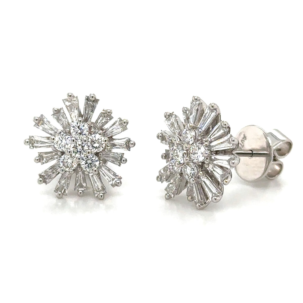 1.97ct tw Diamond Baguette Starburst Flower Fancy Earrings