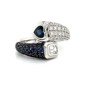 1.60Carat Blue Sapphire Wrap Pinky Emerald And Heart Moi Toi Pave Diamond Ring