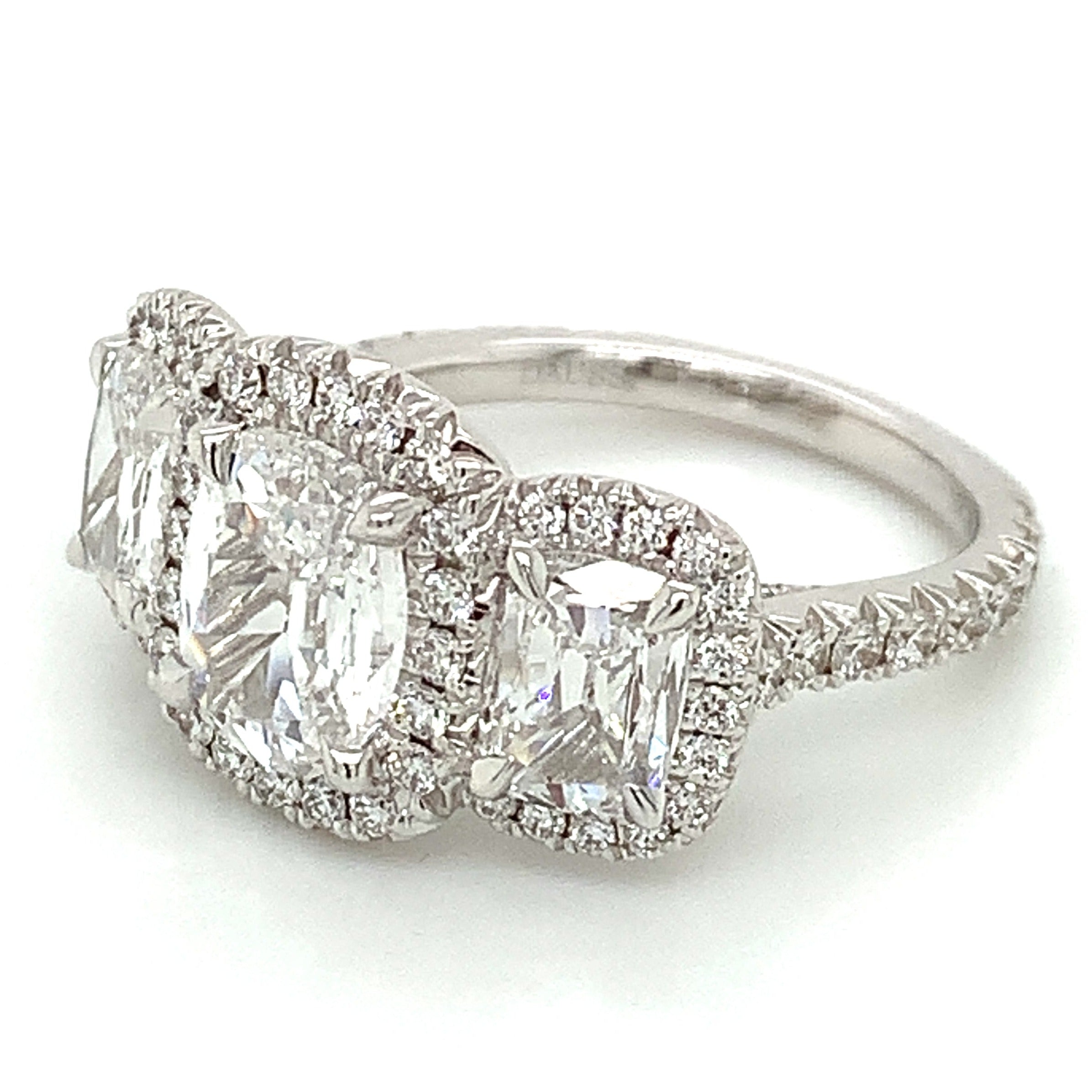 Henri Daussi Signed 2.95ct tw Three Stone Cushion Cut Diamond Engagement Anniversary Ring