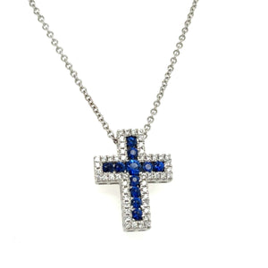 Blue sapphire And Diamond Cross Pendant Necklace