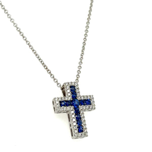 Blue sapphire And Diamond Cross Pendant Necklace