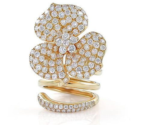 Pave Diamond Flower Ring in Yellow Gold 3.98cts