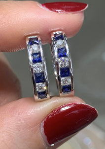 Blue Sapphire and Diamond Hoop Huggies