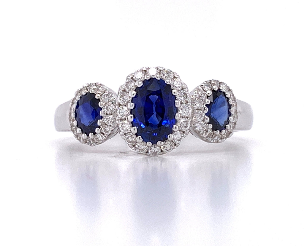 Blue Sapphire Three Stone and Diamond Halo Ring