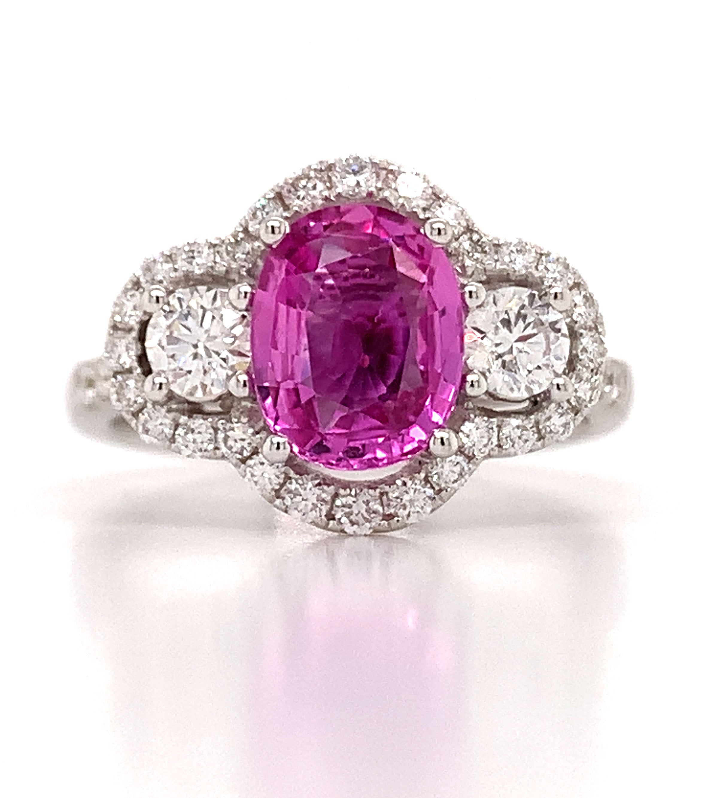 2.09ct Pink Sapphire Three Stone and Diamond Ring