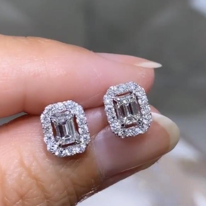 0.92CT T.W. Diamond Emerald Cut Halo Studs - HANIKEN JEWELERS NEW-YORK