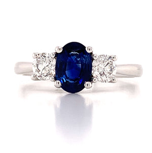 Blue Sapphire& Diamond Three Stone Ring