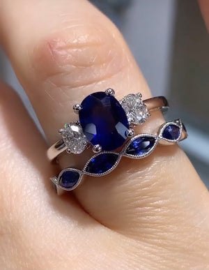 Blue Sapphire& Diamond Three Stone Ring