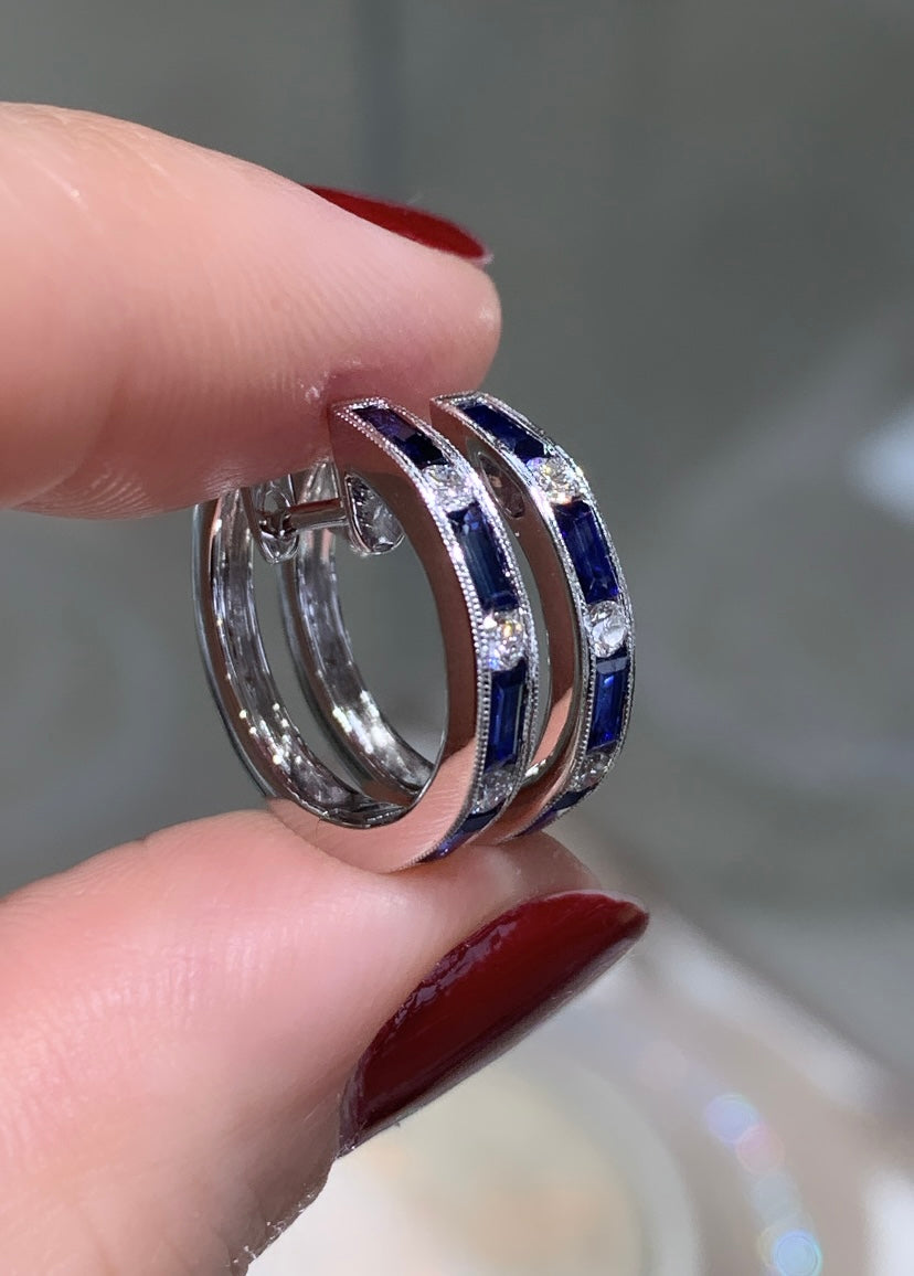 Blue Sapphire & Diamond Hoop Earrings