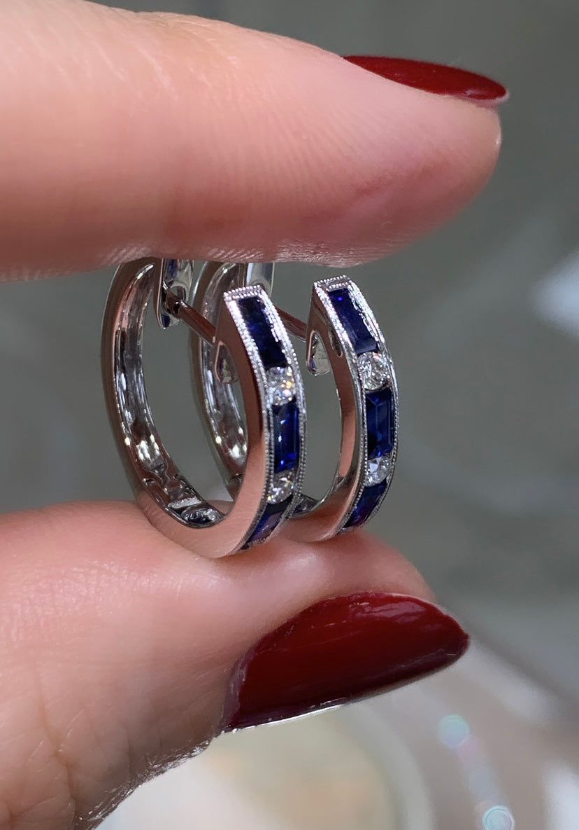 Blue Sapphire & Diamond Hoop Earrings