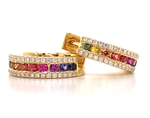 Rainbow Sapphire & Diamond Yellow Gold Hoop Earrings