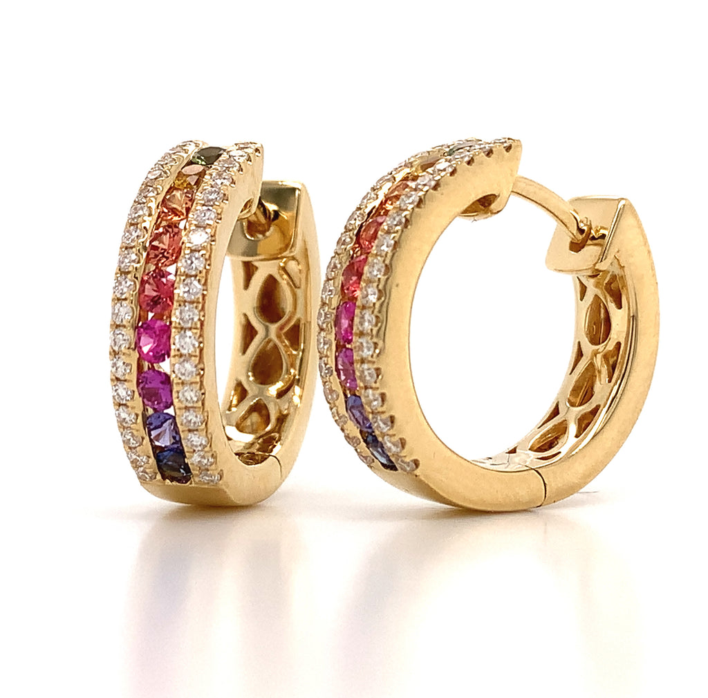 Rainbow Sapphire & Diamond Yellow Gold Hoop Earrings