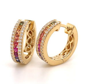 Rainbow Sapphire & Diamond Yellow Gold Hoop Earrings