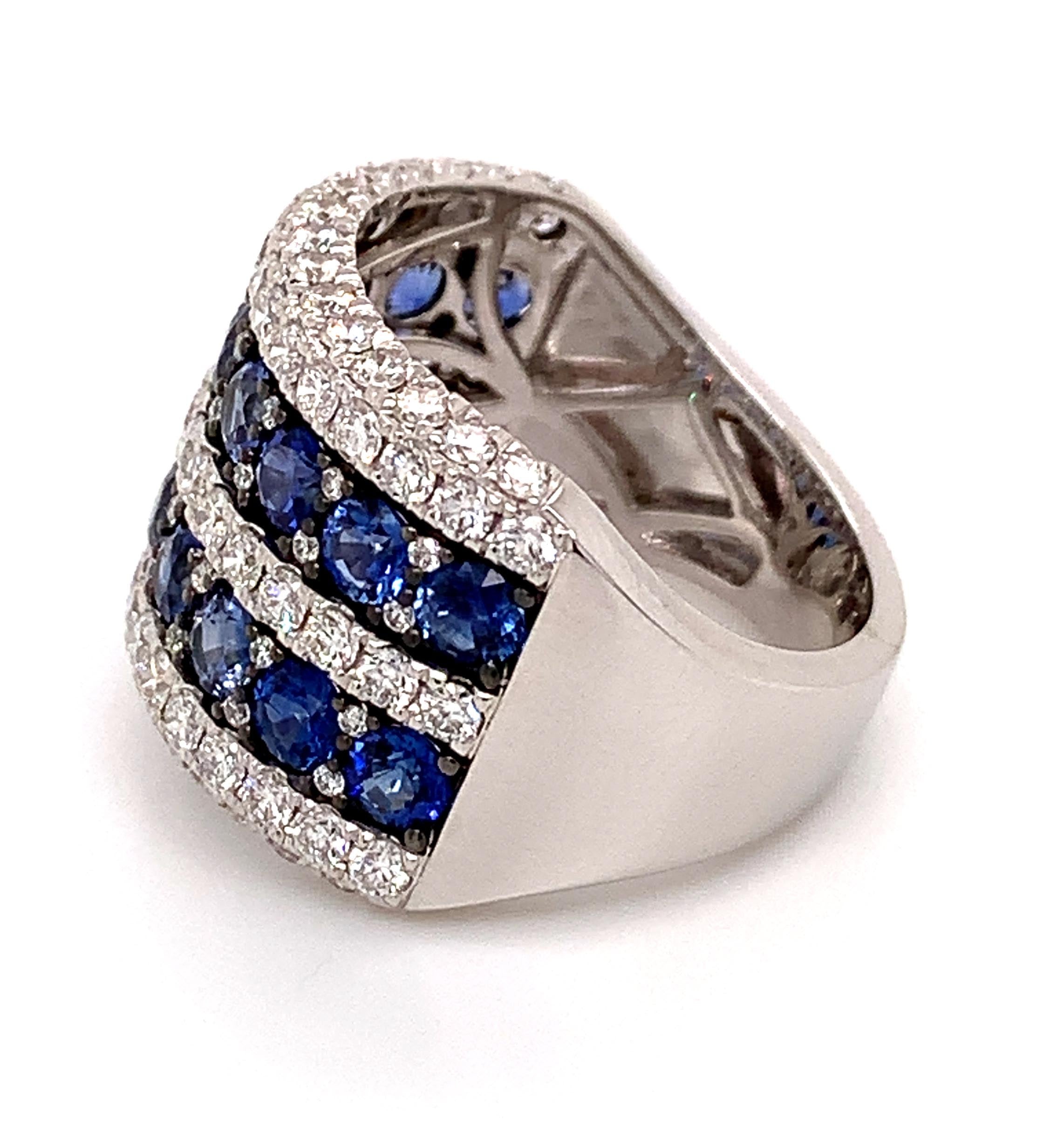 Blue Sapphire And Pave Diamond 5 Rows Wide Cocktail Ring