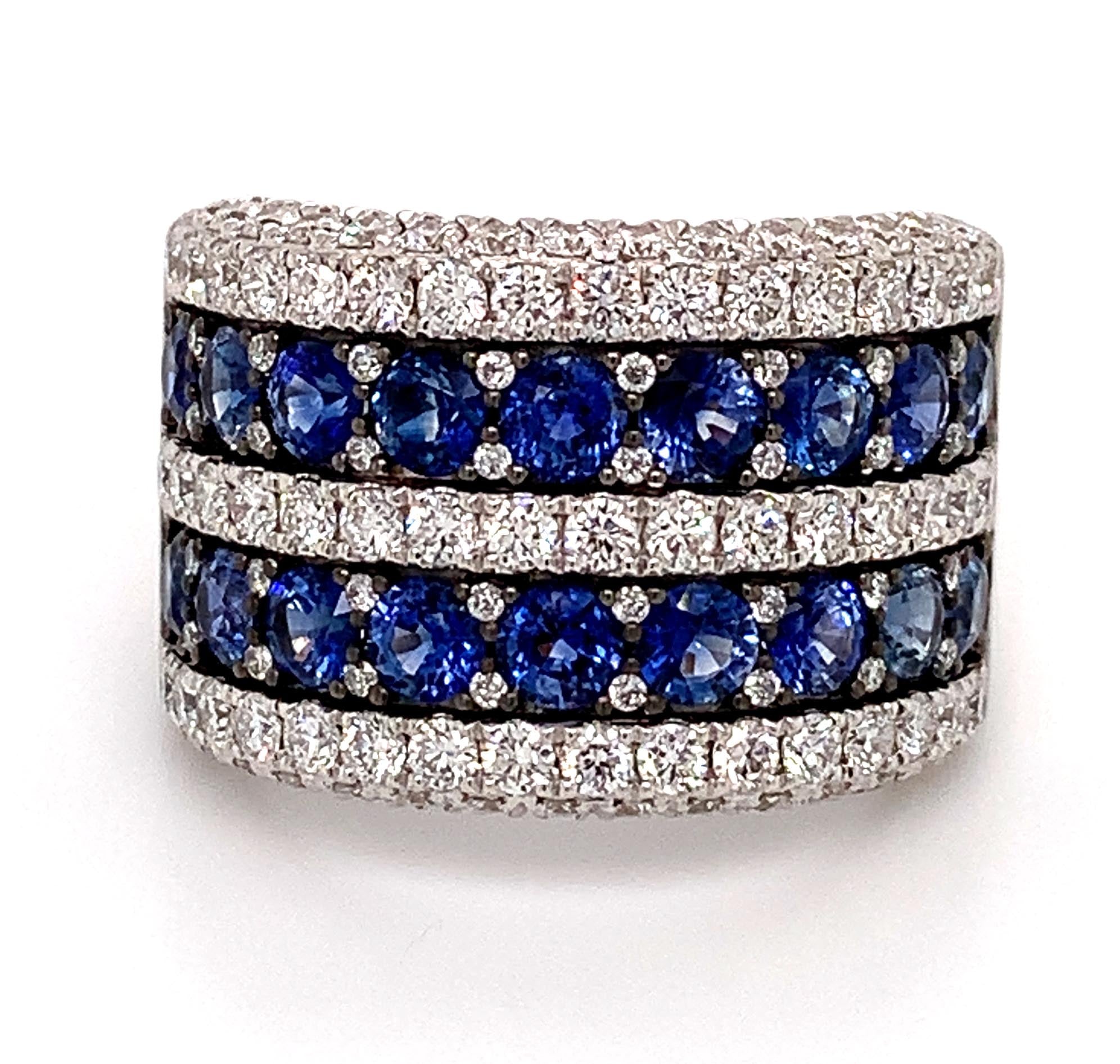 Blue Sapphire And Pave Diamond 5 Rows Wide Cocktail Ring