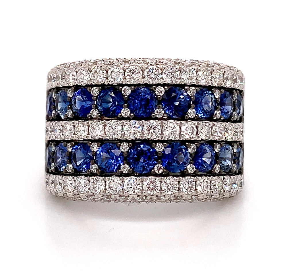 Blue Sapphire And Pave Diamond 5 Rows Wide Cocktail Ring