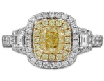 Canary Fancy Yellow Cushion Cut 1.84ctw, 2 Trapezoid 0.59ctw Halo Ring