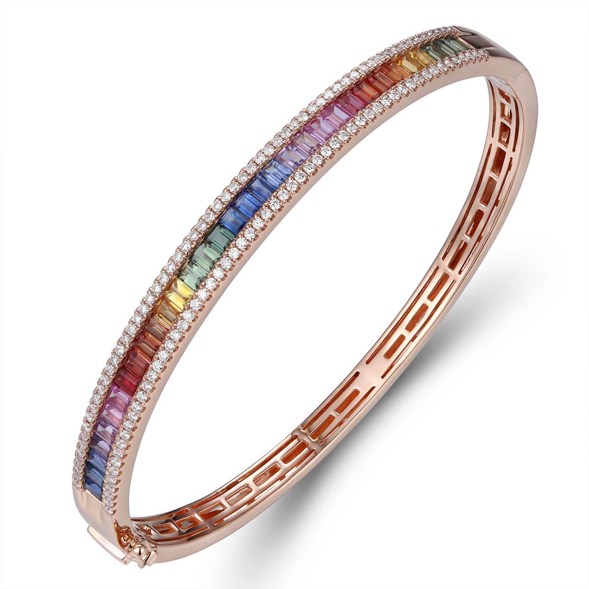 Mosaic Pink Sapphire and Diamond Bangle Bracelet in 14k Rose Gold (7.5 in)