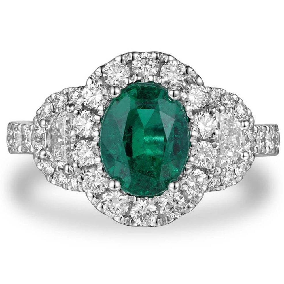 Ladies Statement 1.56ct Oval Cut Emerald & Diamond Ring