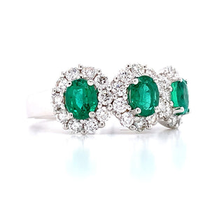 Three Stone Oval Emerald 1.19ct tw with 0.84ct tw Halo Diamonds