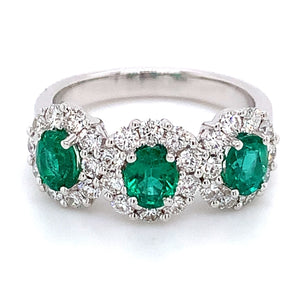 Three Stone Oval Emerald 1.19ct tw with 0.84ct tw Halo Diamonds