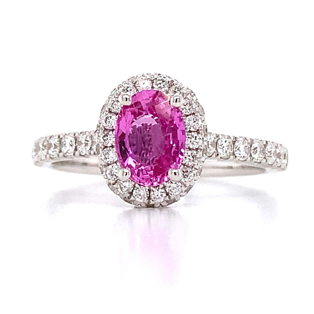 Oval Pink Sapphire Diamond Halo Ring 0.95ct tw