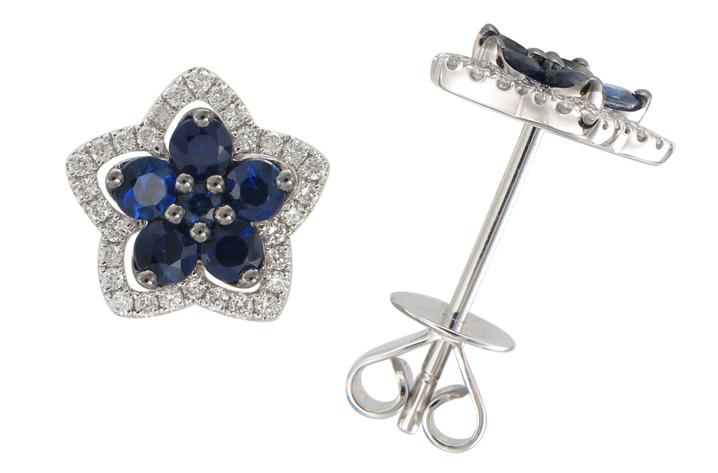 0.80ct tw Royal Blue Sapphire and Diamond Flower Earrings