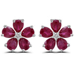 Ladies Flower Shape Ruby And Diamond Stud Earrings