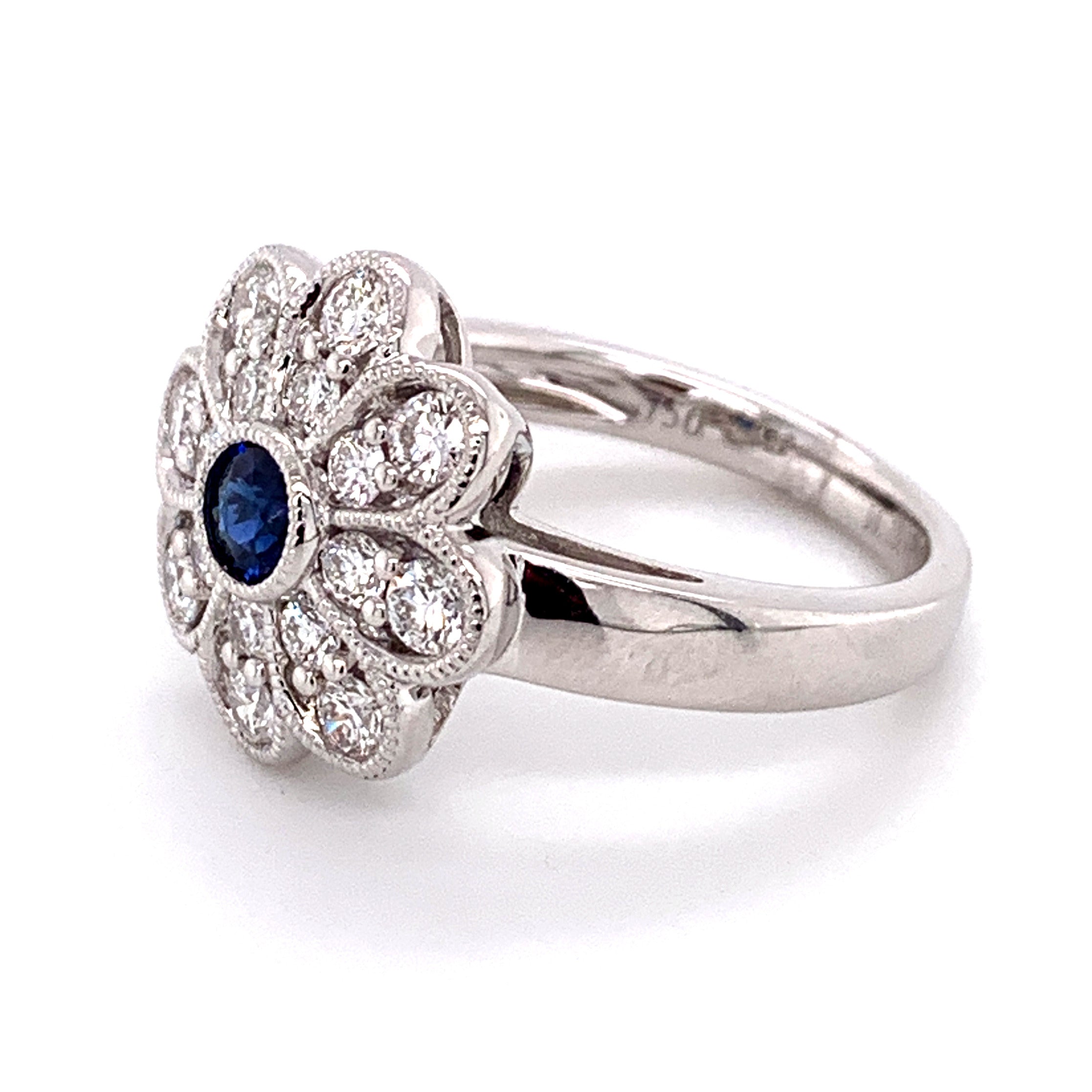 0.98CTW SAPPHIRE AND DIAMOND ART-DECO STYLE FLOWER RING - HANIKEN JEWELERS NEW-YORK