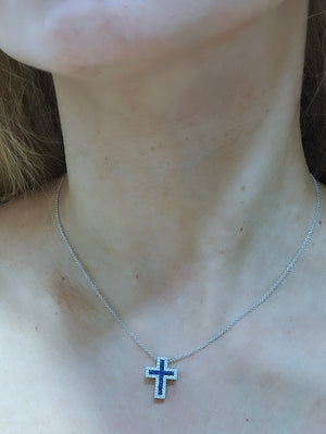 Blue sapphire And Diamond Cross Pendant Necklace