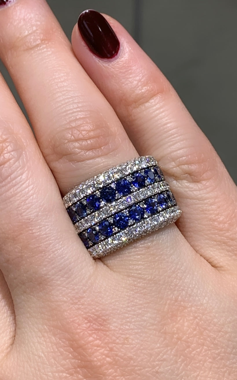 Blue Sapphire And Pave Diamond 5 Rows Wide Cocktail Ring