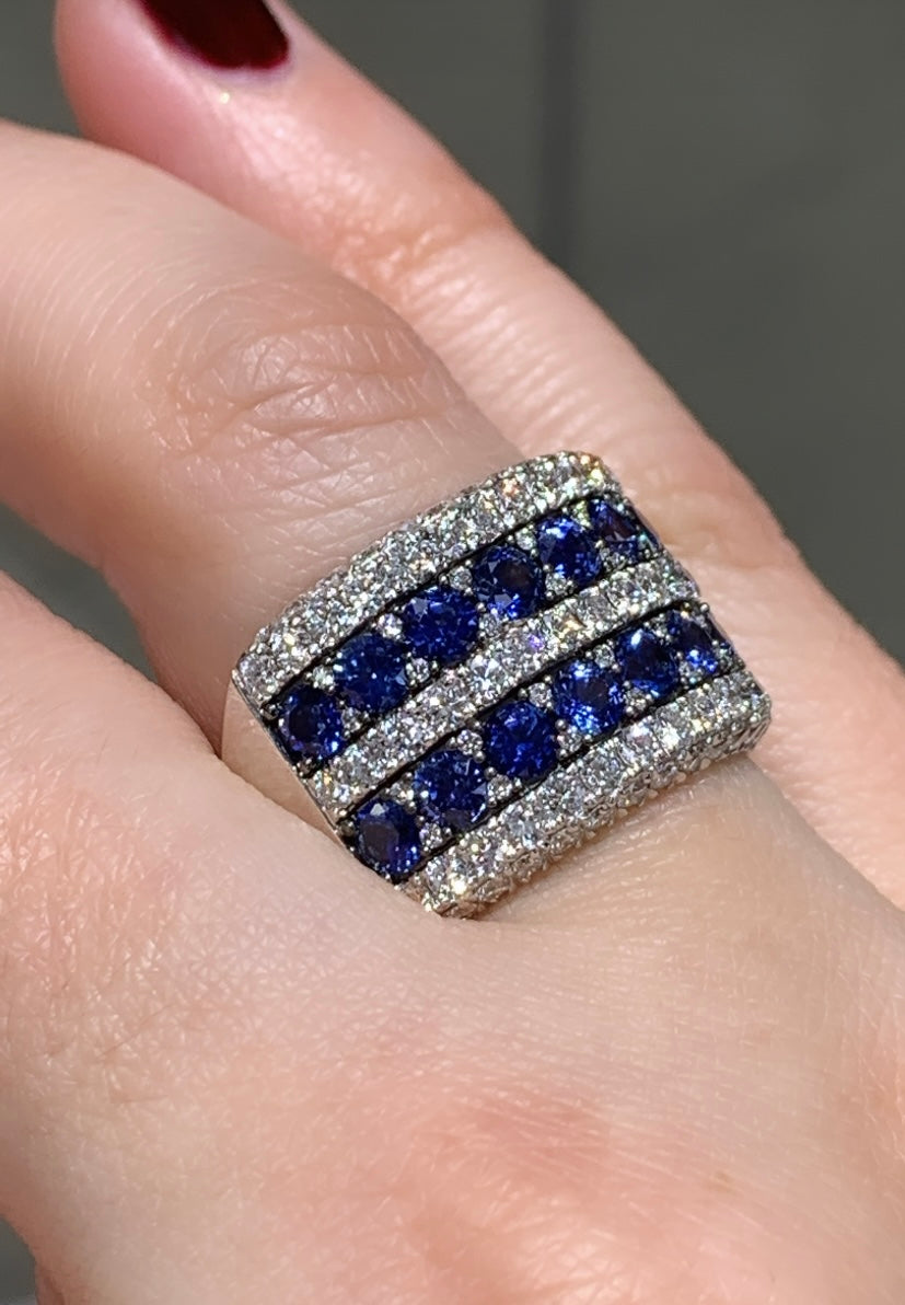 Blue Sapphire And Pave Diamond 5 Rows Wide Cocktail Ring