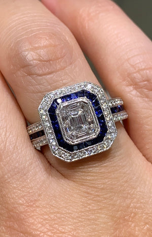 1.54CT TW Sapphire and Diamond Art - Deco Style Octagon Ring - HANIKEN JEWELERS NEW-YORK