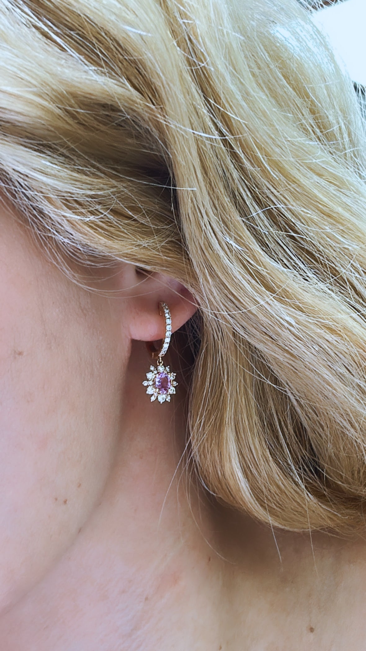 Ladies Halo Diamond and Pink Sapphire Drop Earrings